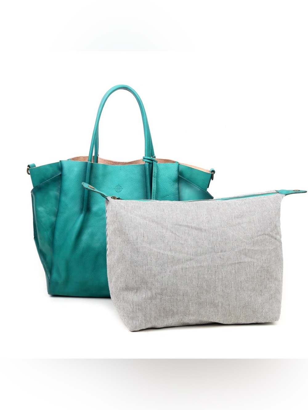 Old Trend Turquoise Leather Tote with Gray Insert Travel Pouch